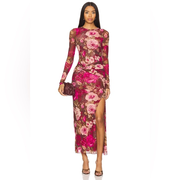 Free People Pink Floral Mesh Gianni Midi Maxi Dress Long Sleeve Ruched Slit XS Free People Pink Floral Mesh Gianni Midi Maxi Dress Long Sleeve Ruched Slit XS